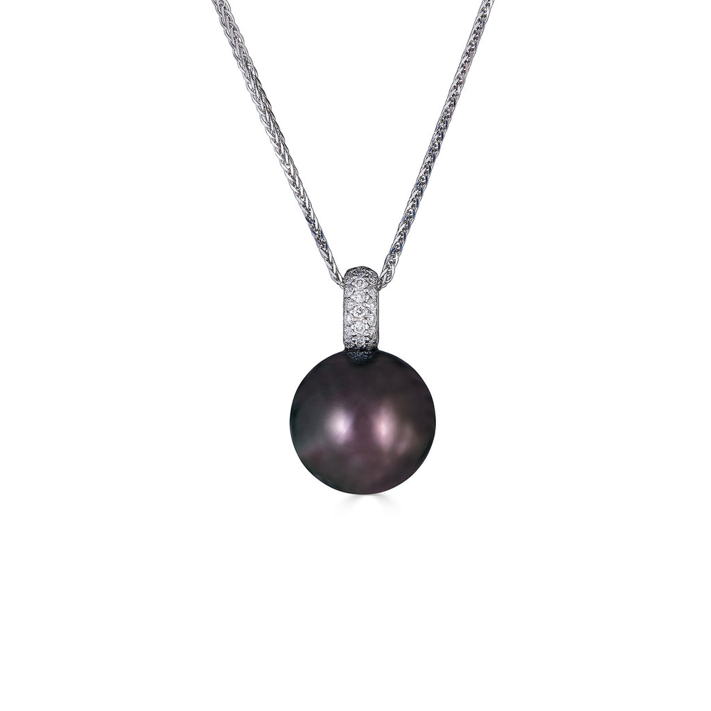 Tahitian Pearl With Pave Diamond Drop Pendant Necklace