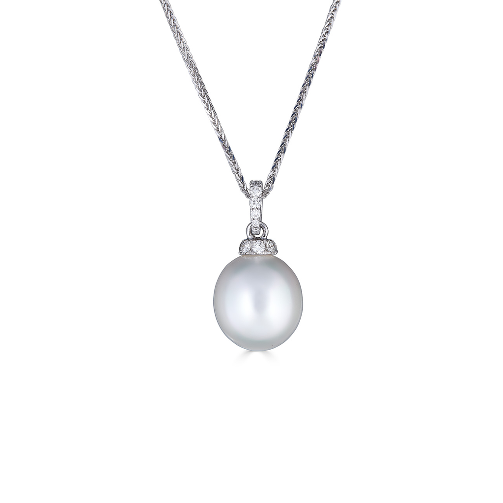 White Pearl Pendant Necklace with Diamonds
